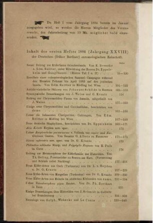Inhalt des ersten Heftes 1884 (Jahrgang XXVIII)