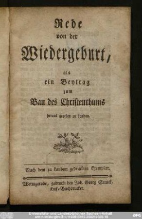 Rede von der Wiedergeburt, als ein Beytrag zum Bau des Christenthums
