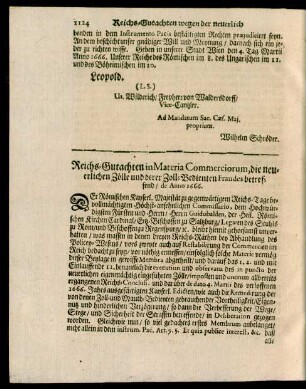Reichs-Gutachten in Materia Commerciorum, die neuerlichen Zölle und derer Zoll-Bedienten Fraudes betreffend, de Anno 1666