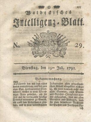 No. 29, Dienstag, den 19ten Juli, 1791