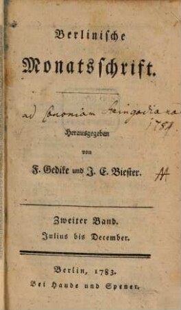 Berlinische Monatsschrift. 2, 2. 1783
