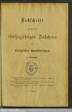Festschrift zur Feier des fünfzigjährigen Bestehens des Königlichen Hauptseminars zu Grimma