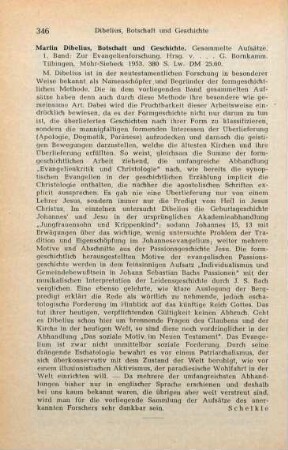 346 [Rezension] Dibelius, Martin, Zur Evangelienforschung