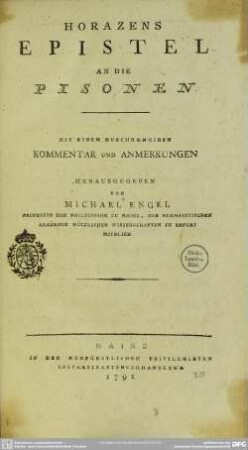 Horazens Epistel An Die Pisonen : Mit Einem Durchgaengigen Kommentar Und Anmerkungen