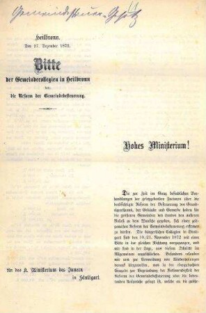 Bitte der Gemeindecollegien Heilbronn an das Ministerium des Innern wegen der Reform der Gemeindesteuern