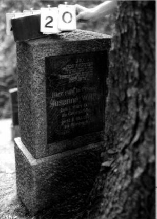 Grabstein 20 (Index: 100108245) Material: Granit, schwarze Marmorplatte Zustand: gut Maße HxBxT: 100x49x24 cm Beschreibung: Obelisk, Sockel, Schriftplatte: Grabstein 20
