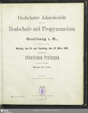 15.1887/88: Jahresbericht der Realschule mit Progymnasium zu Stollberg i. Erzgeb. : über das Schuljahr ...
