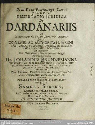 Dissertatio Juridica De Dardanariis : Ad L. Annonam VI. Ff. De Extraord. Criminib.