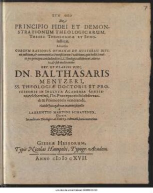 Syn Theō De Principio Fidei Et Demonstrationum Theologicarum, Theses Theologicæ Et Scholasticæ