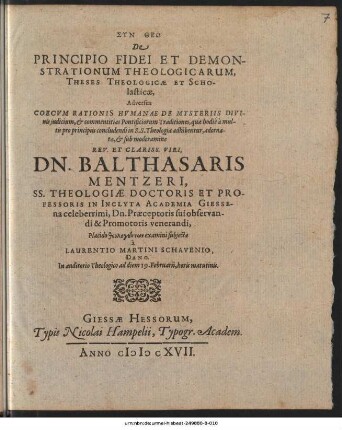 Syn Theō De Principio Fidei Et Demonstrationum Theologicarum, Theses Theologicæ Et Scholasticæ