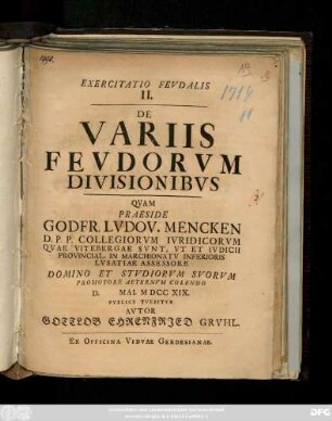 Exercitatio Fevdalis II. De Variis Fevdorvm Divisionibvs