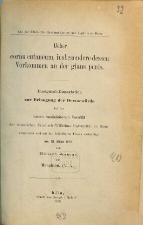 Ueber cornu cutaneum, insbesondere dessen Vorkommen an der glans penis ...
