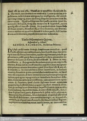 Theses Disputationis Quintae. Respondit d. 9. Ocotbr. Samuel Kalmbach, Maseritzo-Polonus