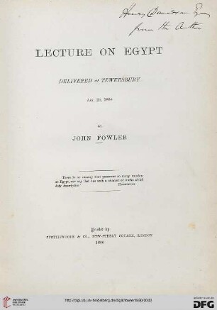 Lecture on Egypt : delivered at Tewkesbury, Jan. 20, 1880
