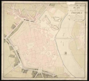Plan von der koenigl. Residenz-Stadt Dresden mit Projekt von Ausfüllung des Grabens gefertigt, 1:2 750, Handzeichnung, 1760 : Plan von der koenigl. Residenz-Stadt Dresden mit Projekt von Ausfüllung des Grabens gefertigt (um 1760). (ca. 1:2 750). 57 x 52 cm (Handzeichnung)