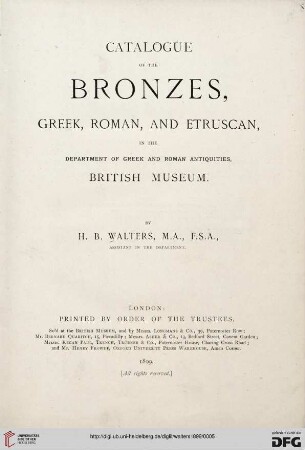 Catalogue of the bronzes, Greek, Roman, and Etruscan in the Department of Greek and Roman Antiquities, British Museum