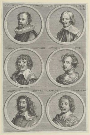 Gruppenbildnis des Michael Mirevelt, des Iacobvs Callot, des Gerardvs Honthorst, des Ant. van Dyck, des Adrianvs Brovwer und des Cornelivs Poelenbovrch