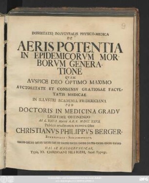 Dissertatio Inavgvralis Physico-Medica De Aeris Potentia In Epidemicorvm Morborvm Generatione