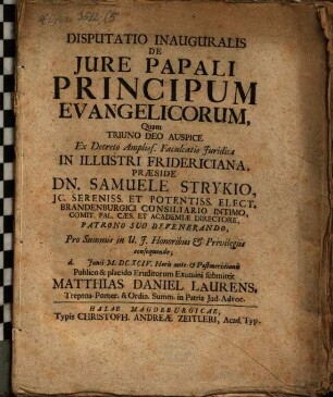 Disputatio Inauguralis De Jure Papali Principum Evangelicorum