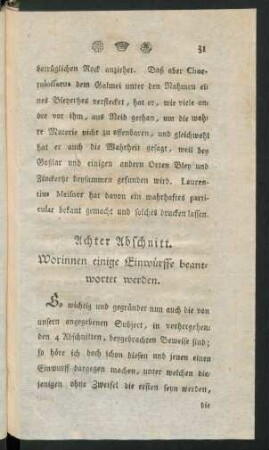 Achter Abschnitt. Worinnen einige Einwürffe beantwortet werden