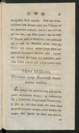 Achter Abschnitt. Worinnen einige Einwürffe beantwortet werden