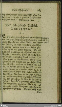 Der achtzehende Artickel. Vom Ehestande