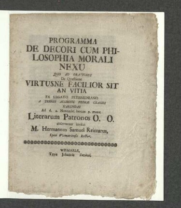 Programma De Decori Cum Philosophia Morali Nexu : Quo Ad Orationes De Qvæstione Virtusne Facilior Sit An Vitia ... Habendas Ad d. 2. Novembr. ...