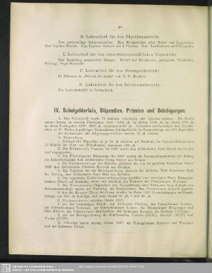 IV. Schulgelderlass, Stipendien, Prämien und Belobigungen
