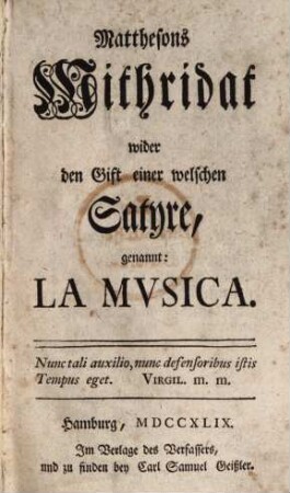 Mithridat : wider den Gift einer welschen Satyre: "La Musica"