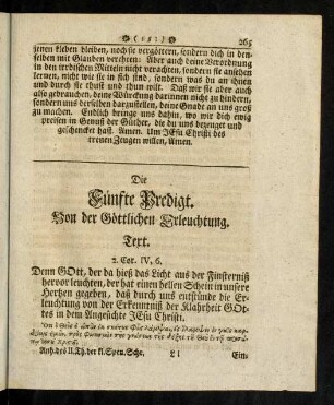 265-288, Die fünfte Predigt. Von der Göttlichen Erleuchtung.