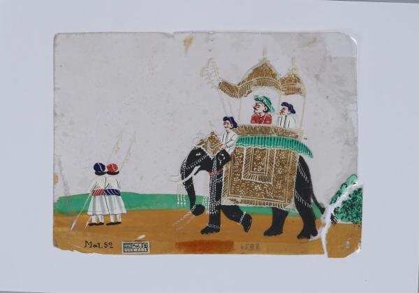 Gouache auf Glimmer mit er Darstellung eines berittenen Elefanten mit Baldachinsänfte