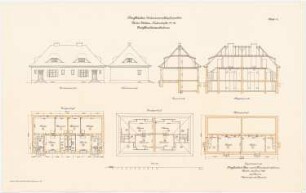 Preußisches Geheimes Staatsarchiv, Berlin-Dahlem Zweifamilienwohnhaus: Grundriss Kellergeschoss, Erdgeschoss, Dachgeschoss, Ansichten, Schnitte 1:100