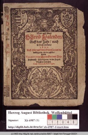 New vnd Alter Schreib Kalender Auff das Jahr/ nach Christi Geburt/ 1627.