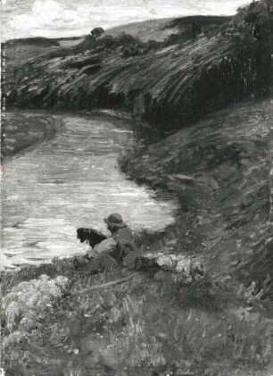 Sitzender Schäfer am hohen Flußufer : Sterl, Robert: Sitzender Schäfer am hohen Flußufer. Öl/Leinwand; 58,5 x 43 cm. 1899. Dresden: Galerie Neue Meister 2893
