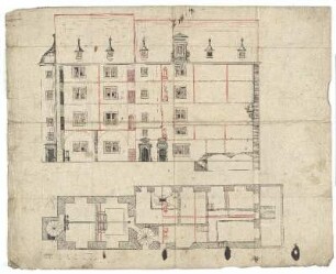 (Bad) Ems, Hessisches Badehaus, Aufriss, kombiniert mit Schnitt und Grundriss