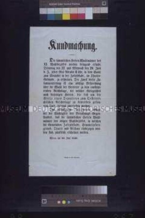 Maueranschlag: Kundmachung. Aufforderung an alle Wahlmänner des 13. Wahlbezirks zur Teilnahme an einer Wahlmännerversammlung; Wien, 26. Juni 1848