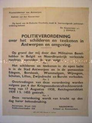 Polizeiverordnung aus dem besetzten Antwerpen zum Verbot der Anbringung von Schildern