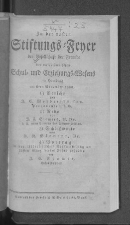 [25.]1830: Rede und Bericht bei der ... Stiftungs-Feier der Gesellschaft der Freunde des Vaterländischen Schul- und Erziehungs-Wesens in Hamburg