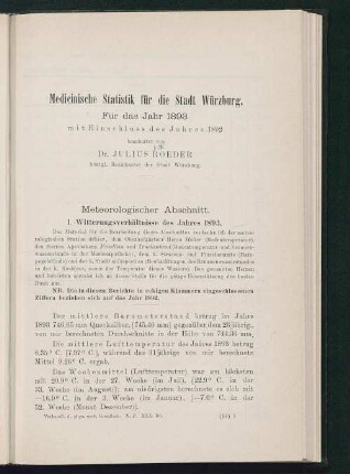 Medicinische Statistik für die Stadt Würzburg : für das Jahr 1893 mit Einschluss des Jahres 1892