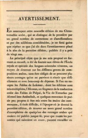 Chrestomathie arabe : ou extraits de divers écrivains arabes, tant en prose qu'en vers ; avec une traduction française et notes, à l'usage des élèves de l'École royale et spéciale des Langues orientales vivantes, 1