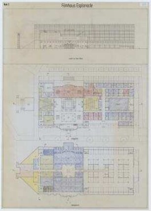 Wettbewerb Filmhaus Esplanade (nicht realisiert), Engere Wahl – Grundrisse UG, EG, Nordostansicht. Berlin-Tiergarten, Potsdamer Platz 2
