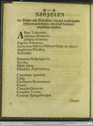 Register der Bücher und Schrifften, daraus nachfolgende Historien genommen, oder sonst darinnen angeführet werden