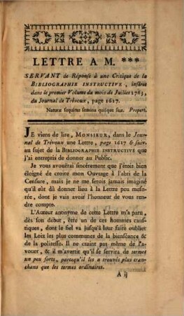 Lettre à M..., servant de réponse à une critique de la Bibliographie instructive