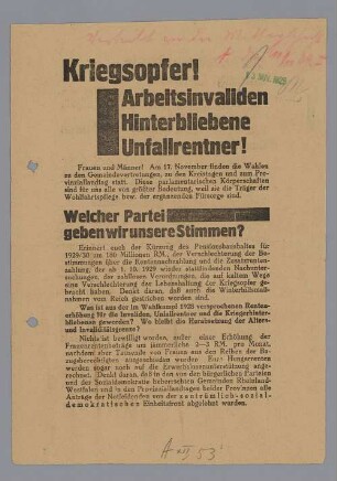 "Kriegsopfer! // Arbeitsinvaliden // Hinterbliebene // Unfallrentner!"