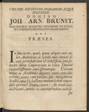 Viro Per-Reverendo Nobilissimo Atque Doctissimo Domino Joh. Arn. Brunst, ...