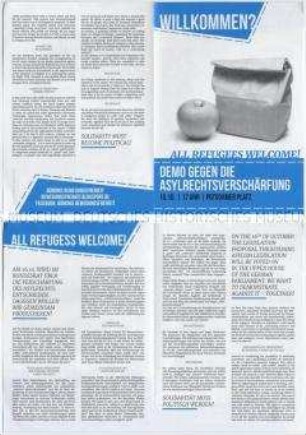 Flugschrift mit einem Demonstrationsaufruf gegen die geplante Asylrechtsverschärfung