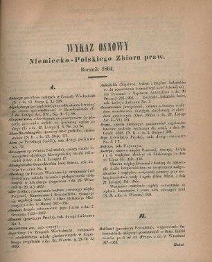Wykaz osnowy Niemiecko-Polskiego Zbioru praw. Rocznik 1864