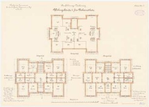 Kaserne des 4. Garderegiments zu Fuß, Berlin-Moabit: Wohngebäude I für Verheiratete: Grundriss Erdgeschoss, Obergeschoss, Dachgeschoss 1:100