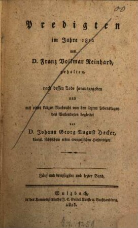 Predigten im Jahre 1812 von D. Franz Volkmar Reinhard gehalten