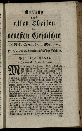 IX. Nachl. Coburg, den 2. Merz, 1763.